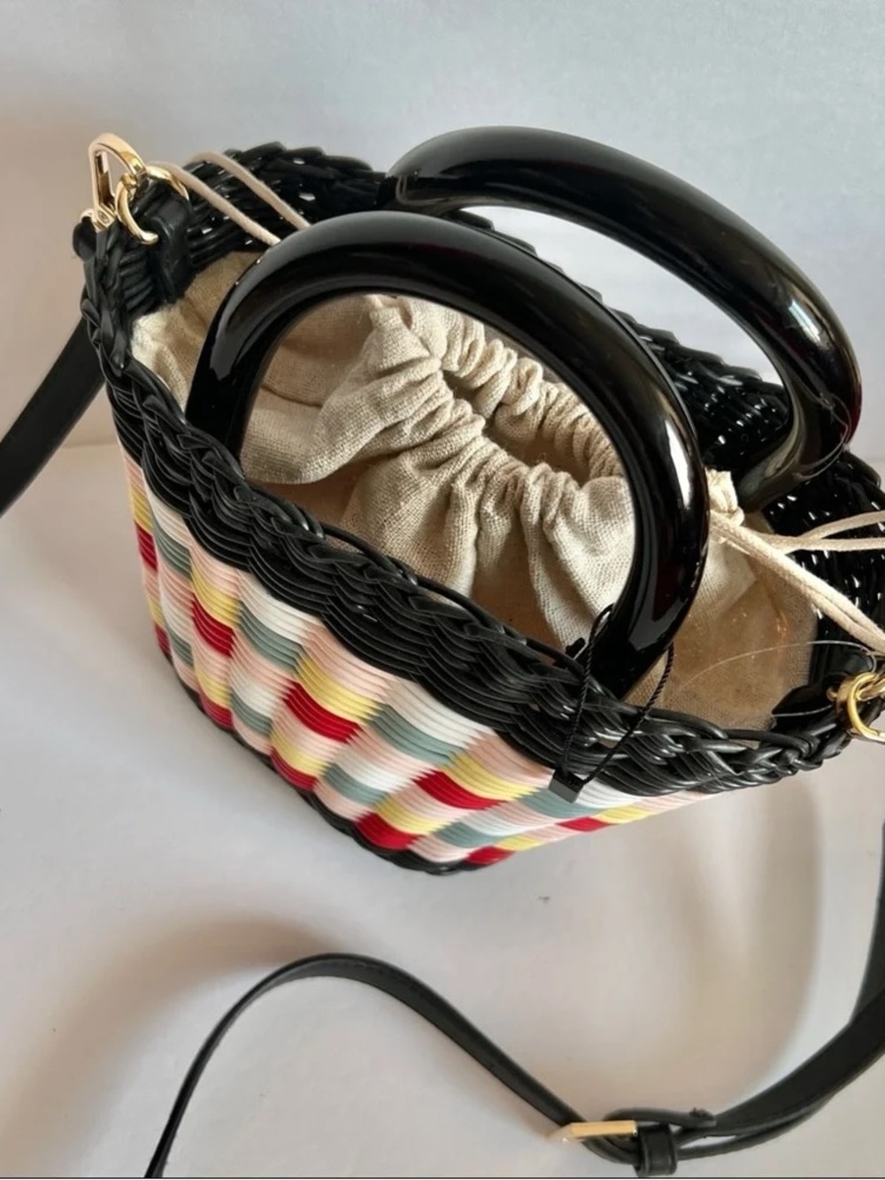 Zara Small Multicolor Striped Woven Wicker Resin Handle Drawstring - Picture 4 of 9